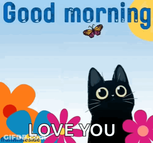 A Black Cat Is Standing In Front Of Flowers And A Butterfly And Says Good Morning Love You GIF