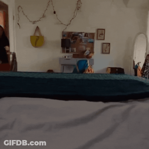 A Black Cat Is Standing On A Bed In A Room GIF