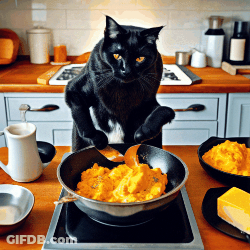 A Black Cat Is Standing On Its Hind Legs In Front Of A Pan Of Food GIF