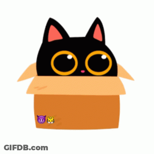 A Black Cat Is Sticking Its Head Out Of A Cardboard Box With Two Emojis On It GIF