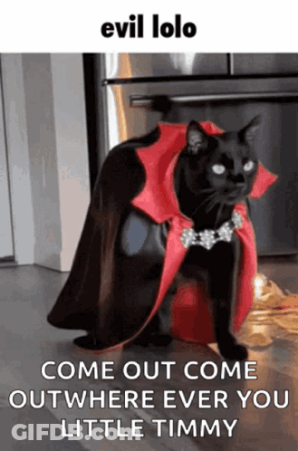 A Black Cat Is Wearing A Red Cape And A Necklace GIF