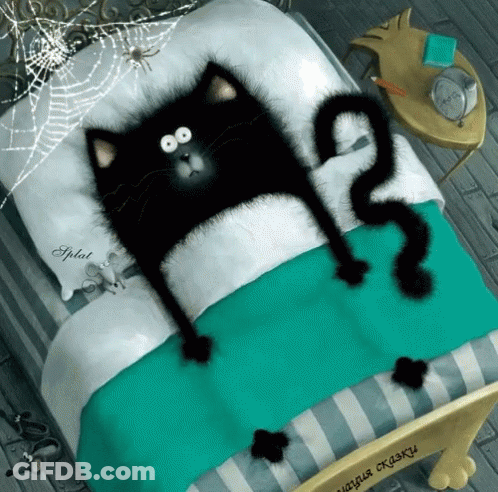 A Black Cat Laying In A Bed With A Question Mark On Its Tail GIF