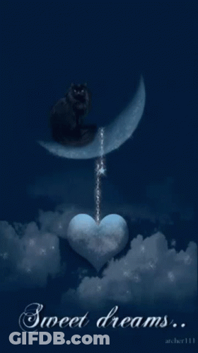 A Black Cat Sitting On A Crescent Moon With The Words Sweet Dreams Written Below It GIF