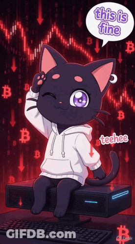 A Black Cat Sitting On Top Of A Computer With A Speech Bubble Saying This Is Fine GIF