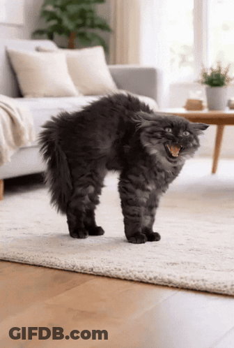 A Black Cat Standing On Its Hind Legs With Its Mouth Open In A Living Room GIF