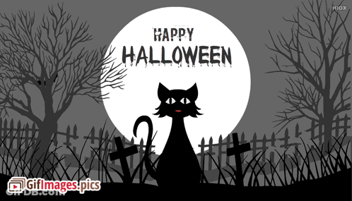 A Black Cat Stands In Front Of A Full Moon With The Words Happy Halloween Written Above It GIF