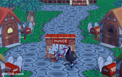 A Black Cat Stands In Front Of A Notice Board In A Video Game GIF
