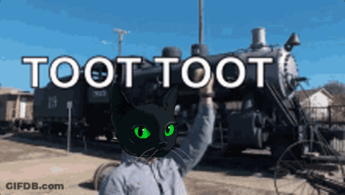 A Black Cat Stands In Front Of A Train With The Words Toot Toot GIF