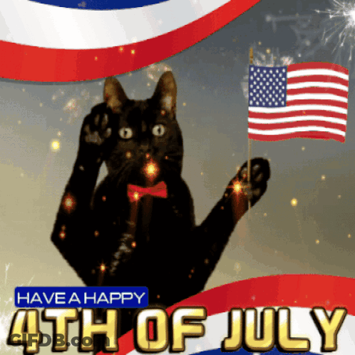 A Black Cat Wearing A Bow Tie Is Holding An American Flag And Says Have A Happy 4Th Of July On The Bottom GIF