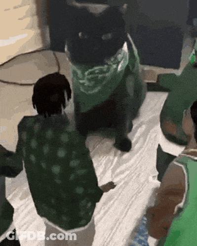 A Black Cat Wearing A Green Bandana Is Surrounded By People GIF