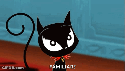 A Black Cat Wearing A Red Collar With A Key On It Says Familiar GIF