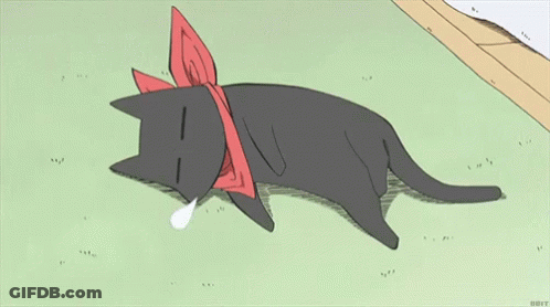 A Black Cat With A Red Bow Around Its Neck Is Laying Down On The Grass GIF