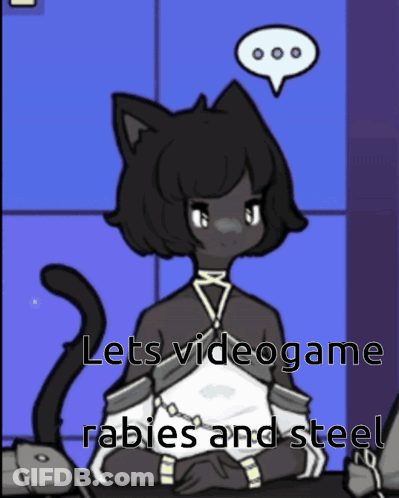A Black Cat With A Speech Bubble Above Her Head Says Lets Videogame Rabies And Steel GIF