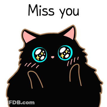 A Black Cat With Big Blue Eyes And The Words " Miss You " Below It GIF
