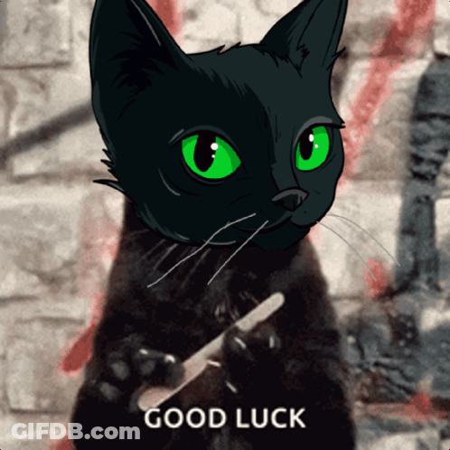 A Black Cat With Green Eyes Is Holding A Toothbrush And The Words Good Luck Below It GIF