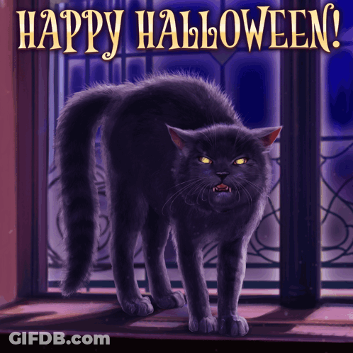 A Black Cat With Green Eyes Is Standing In Front Of A Window With The Words Happy Halloween Above It GIF