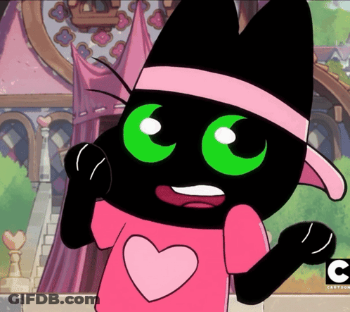 A Black Cat With Green Eyes Is Wearing A Pink Shirt And A Pink Hat GIF