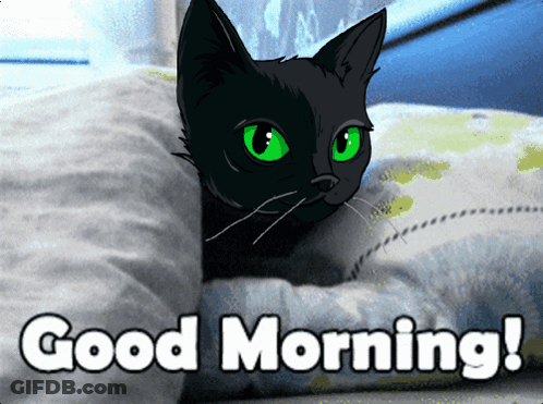 A Black Cat With Green Eyes Laying On A Bed With The Words Good Morning GIF