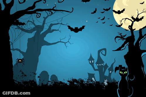 A Black Cat With Green Eyes Stands In Front Of A Halloween Scene GIF