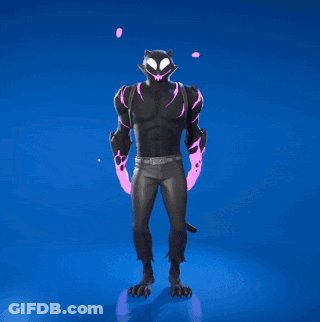 A Black Cat With Pink Eyes Is Standing With His Arms Outstretched On A Blue Background GIF