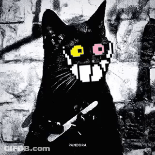 A Black Cat With Pixelated Eyes Is Holding A Knife In Its Mouth . GIF