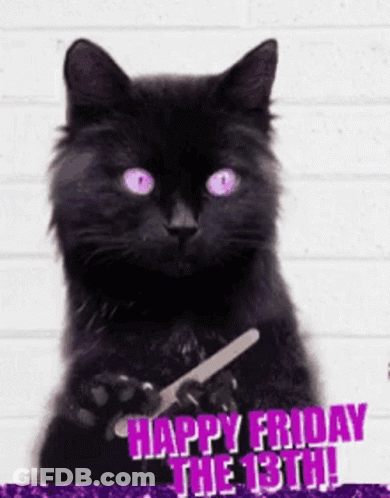 A Black Cat With Purple Eyes Is Holding A Knife And Says Happy Friday The 13Th . GIF