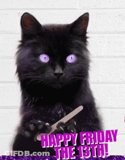 A Black Cat With Purple Eyes Is Holding A Nail Clipper And Says Happy Friday The 13Th . GIF