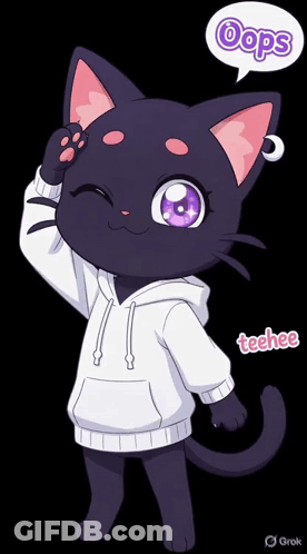 A Black Cat With Purple Eyes Is Wearing A White Hoodie And Says Oops Teehee GIF