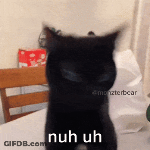 A Black Cat With The Words Nuh Uh Written On It GIF