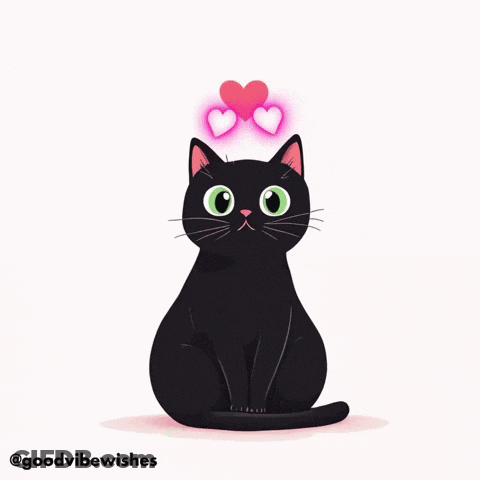 A Black Cat With Two Pink Hearts On Its Head And The Words Goodvibewishes Below It GIF