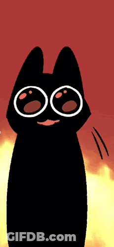 A Black Cat With White Circles On Its Eyes And A Red Background GIF
