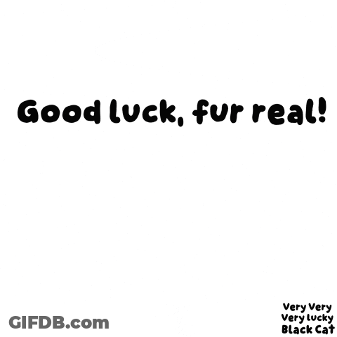 A Black Cat With Yellow Eyes And The Words " Good Luck Fur Real " Above It GIF