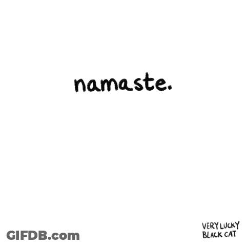 A Black Cat With Yellow Eyes And The Words Namaste Written Above It GIF