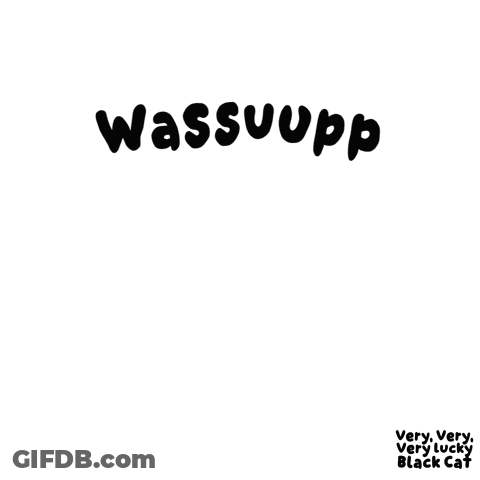 A Black Cat With Yellow Eyes And The Words Wassuuupp Written Above It GIF