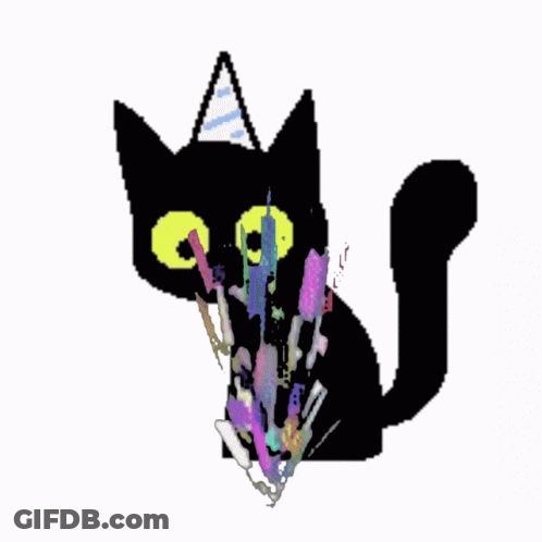 A Black Cat With Yellow Eyes Is Surrounded By Colorful Objects On A White Background GIF