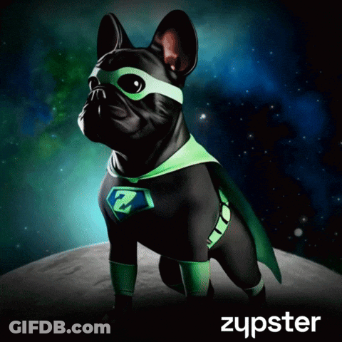 A Black Dog In A Superhero Costume With The Word Zupster Below It GIF