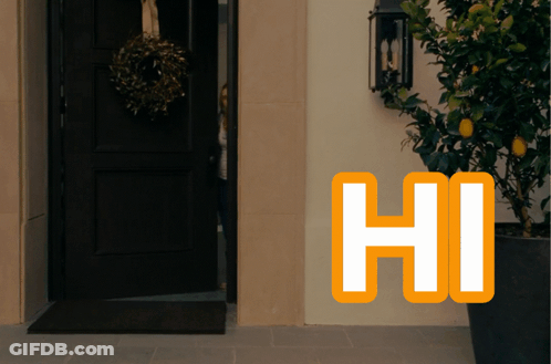 A Black Door With A Wreath Hanging On It And A Yellow Hi Sign Above It GIF