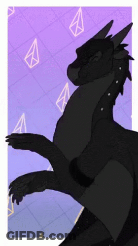 A Black Dragon Is Standing On Its Hind Legs In Front Of A Purple Background With Triangles . GIF