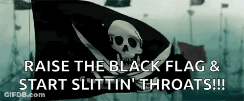 A Black Flag With A Skull And Crossbones On It And The Words Raise The Black Flag And Start Slittin ' Throats . GIF