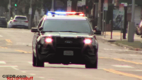 A Black Ford Police Car Is Driving Down A Street With A License Plate That Says Eh6093 GIF