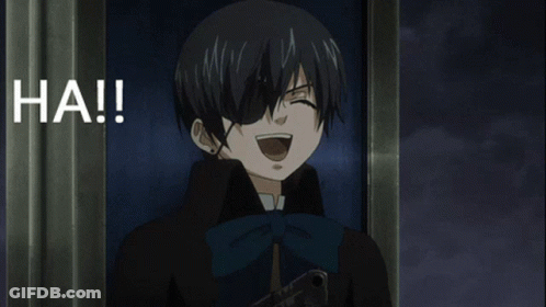 A Black Haired Anime Character Is Laughing With The Word Ha Written Below Him GIF