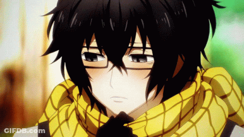 A Black Haired Anime Character Wearing Glasses And A Scarf GIF