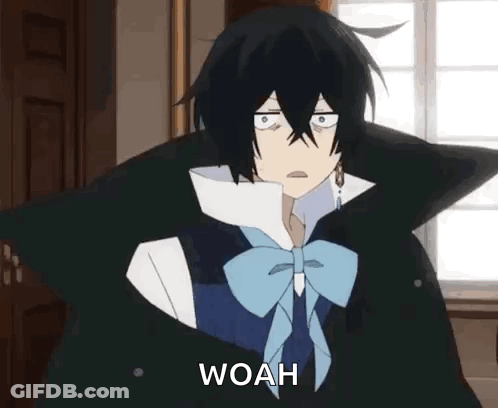 A Black Haired Anime Character With A Bow Tie Is Standing In Front Of A Window And Making A Funny Face . GIF