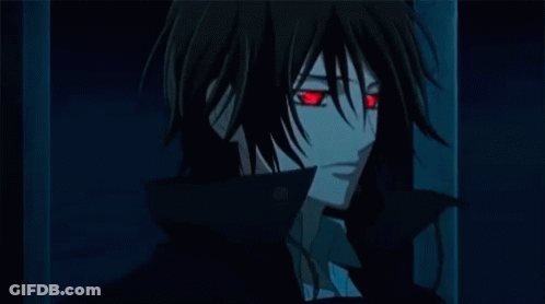 A Black Haired Anime Character With Red Eyes Is Standing In The Dark GIF