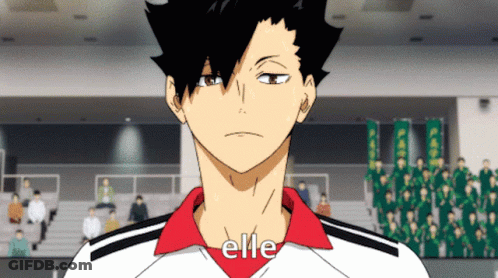 A Black Haired Anime Character With The Word Elle Written On His Shirt GIF