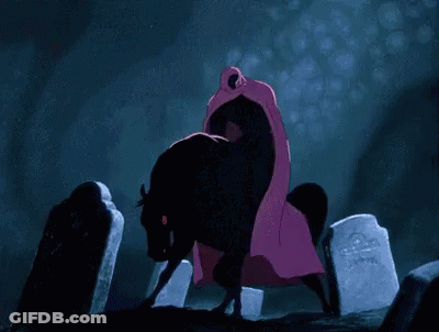 A Black Horse Is Walking Through A Cemetery With A Red Background . GIF