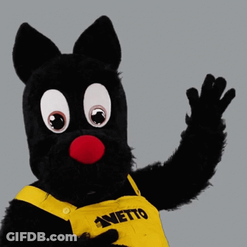 A Black Mascot Wearing Yellow Overalls With The Word Netto On It GIF