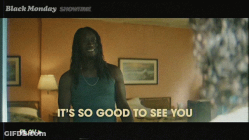 A Black Monday Showtime Ad With A Man Standing In A Hotel Room GIF