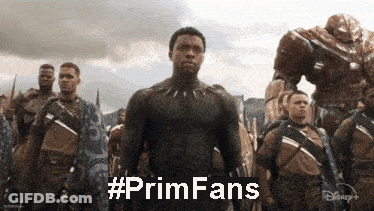 A Black Panther Is Standing In Front Of A Group Of Soldiers With The Hashtag #Primfans On The Bottom GIF