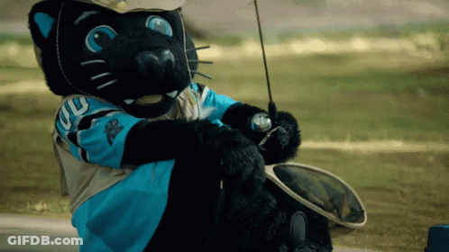 A Black Panther Mascot Is Holding A Fishing Rod And Net GIF